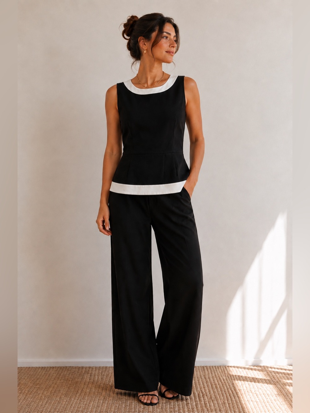 kate spade Black Sleeveless Peplum Top with Cream Trim